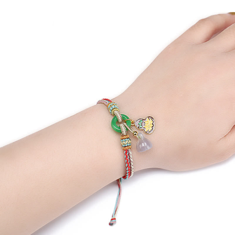 KarmaRipple's Colorful Rope Chalcedony Lotus Jade Peace Buckle Balance Gourd Talisman Bracelet p5
