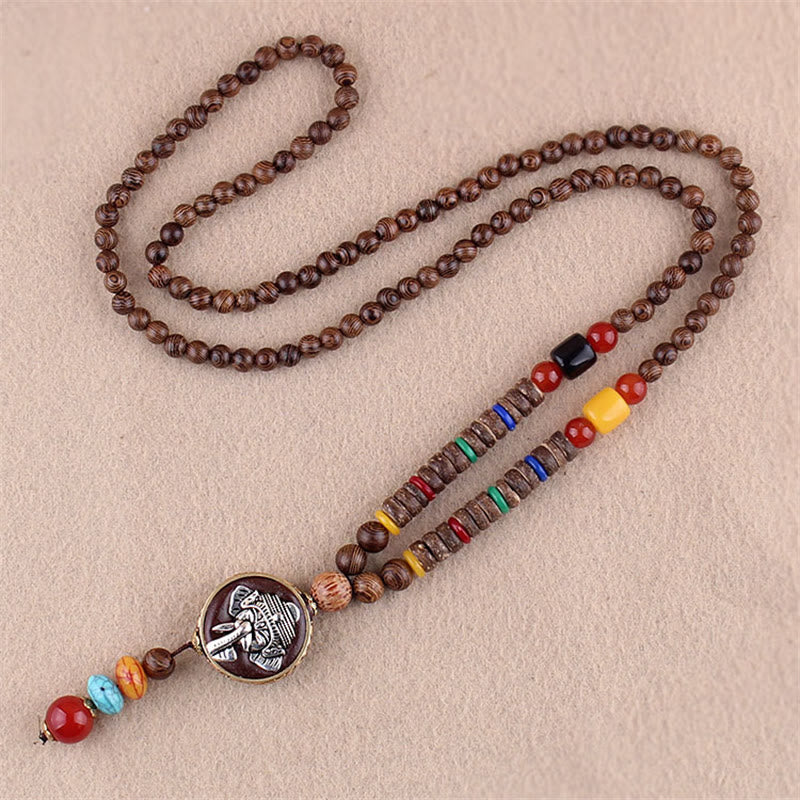 KarmaRipple's Tibetan Wenge Wood Bodhi Seed Agate Elephant Protection Pendant Necklace p8