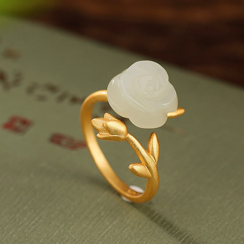 KarmaRipple's 925 Sterling Silver Plated Gold Rose Flower Hetian Ivory Jade Happiness Ring p3