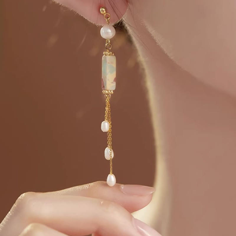 KarmaRipple's 925 Sterling Silver Posts Shoushan Stone Pearl Balancing Drop Earrings p4