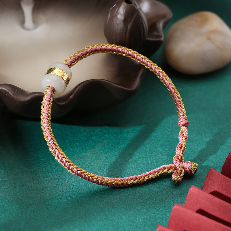 KarmaRipple's 999 Gold Hetian Ivory Jade Om Mani Padme Hum Fu Character Fortune Woven Bracelet p45