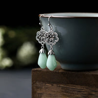 KarmaRipple's Magnolia Flower Jade Water Drop Prosperity Dangle Earrings