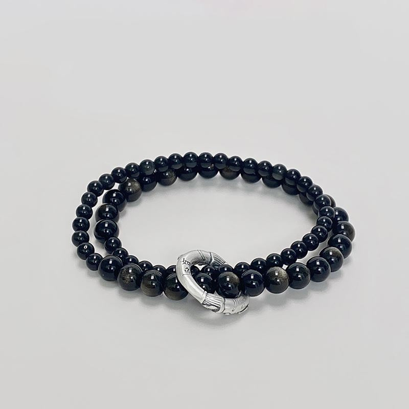 KarmaRipple's 999 Sterling Silver Black Obsidian Fulfillment Strength Double Layer Bracelet p13