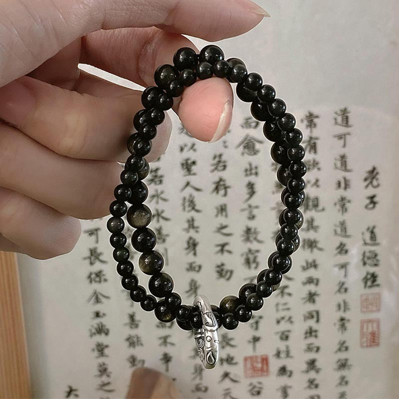 KarmaRipple's 999 Sterling Silver Black Obsidian Fulfillment Strength Double Layer Bracelet p9