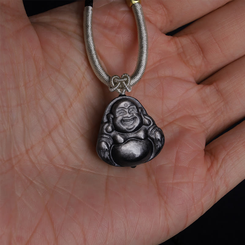 KarmaRipple's Authentic Silver Sheen Obsidian Laughing Buddha Protection Pendant Necklace p7