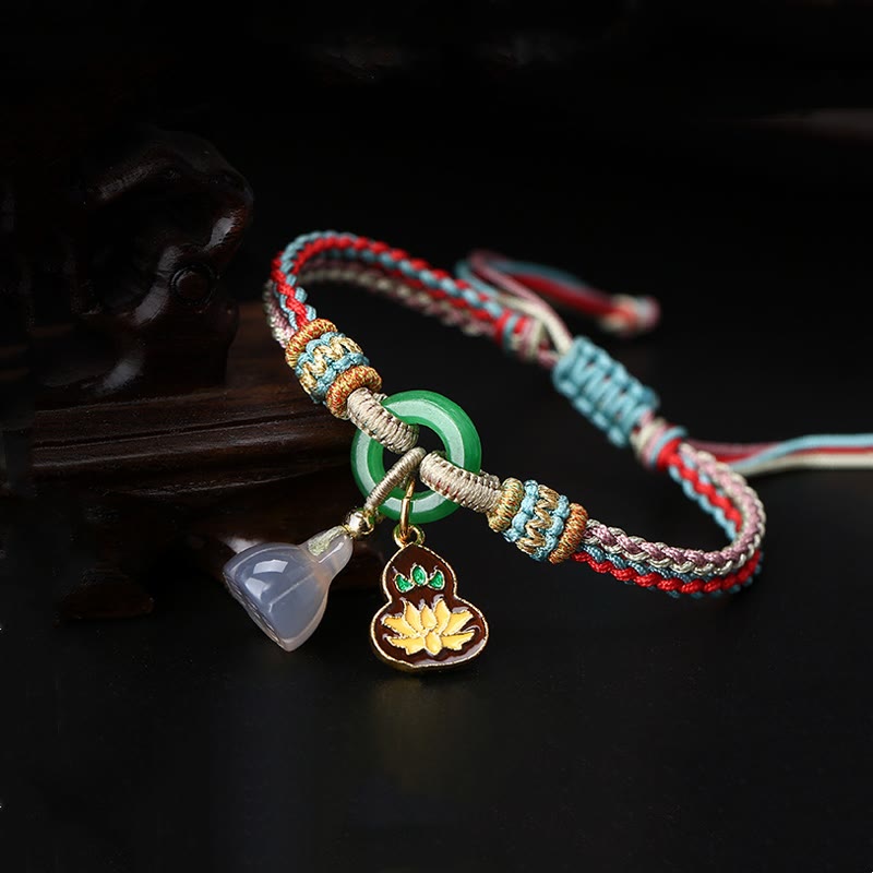KarmaRipple's Colorful Rope Chalcedony Lotus Jade Peace Buckle Balance Gourd Talisman Bracelet p4