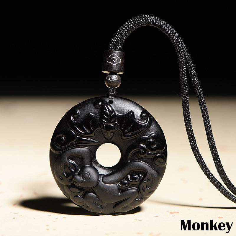 KarmaRipple's Chinese Zodiac Authentic Black Obsidian Peace Buckle Strength Pendant Necklace p37