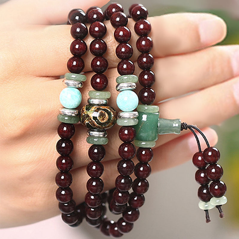 KarmaRipple's 108 Beadwork Small Leaf Red Sandalwood Green Aventurine Amazonite Fortune Balancing Bracelet Mala p3