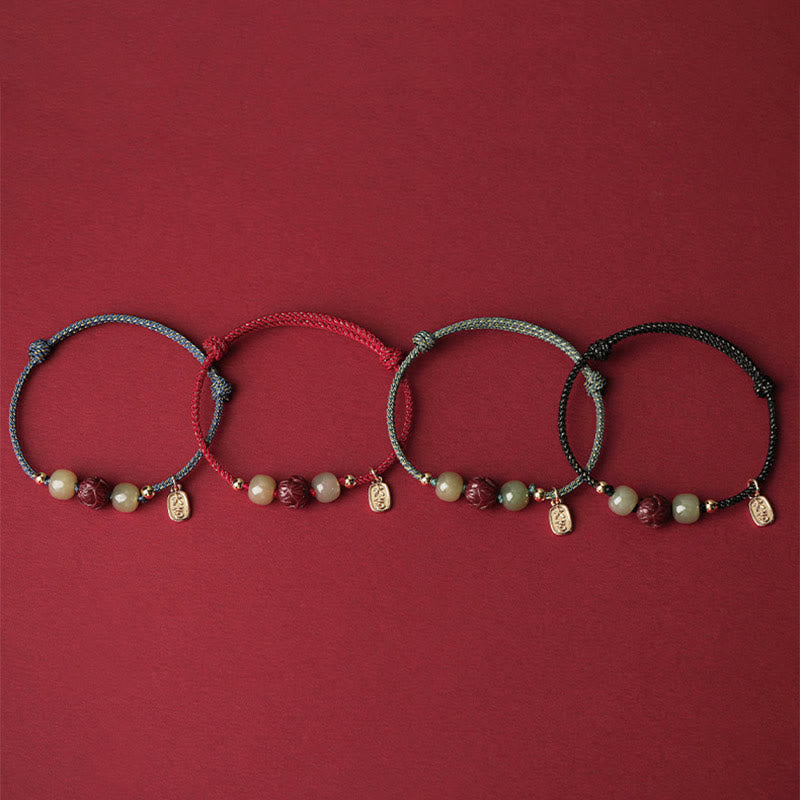 KarmaRipple's 14K Gold Plated Hetian Jade Cinnabar Lotus Fortune Handcrafted Rope Bracelet p14