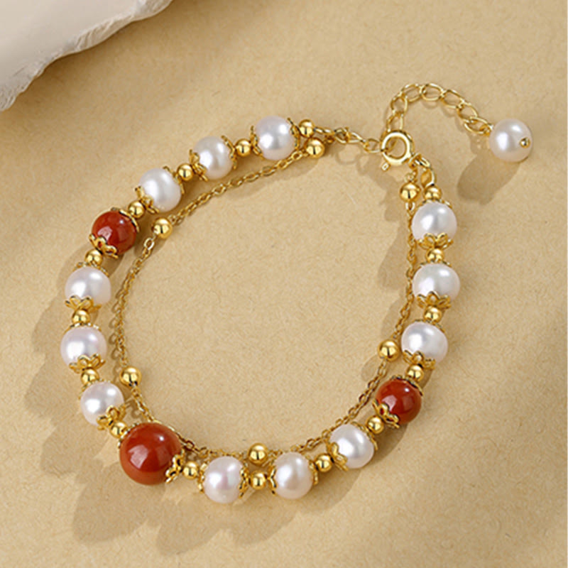 KarmaRipple's 925 Sterling Silver Pearl Cinnabar Wisdom Bead Double Layer Chain Bracelet p6