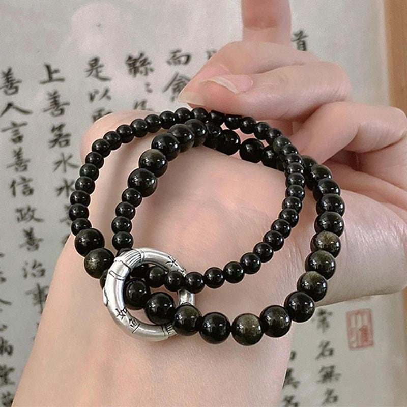KarmaRipple's 999 Sterling Silver Black Obsidian Fulfillment Strength Double Layer Bracelet p2