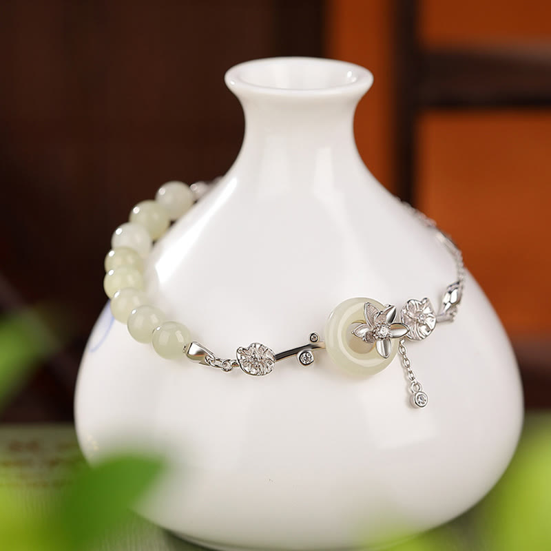 KarmaRipple's 925 Sterling Silver Hetian Jade Peace Buckle Lotus Fortune Chain Bracelet p9