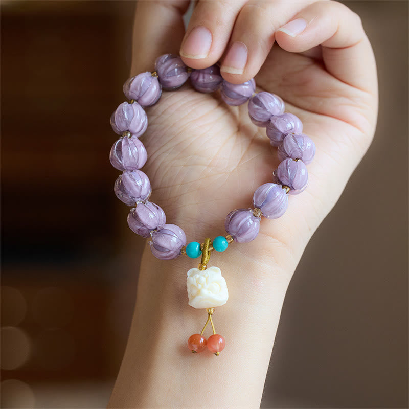 KarmaRipple's Liuli Glass Bead Lotus Design Fluorite Ivory Fruit Dancing Lion Talisman Enlightenment Bracelet p2