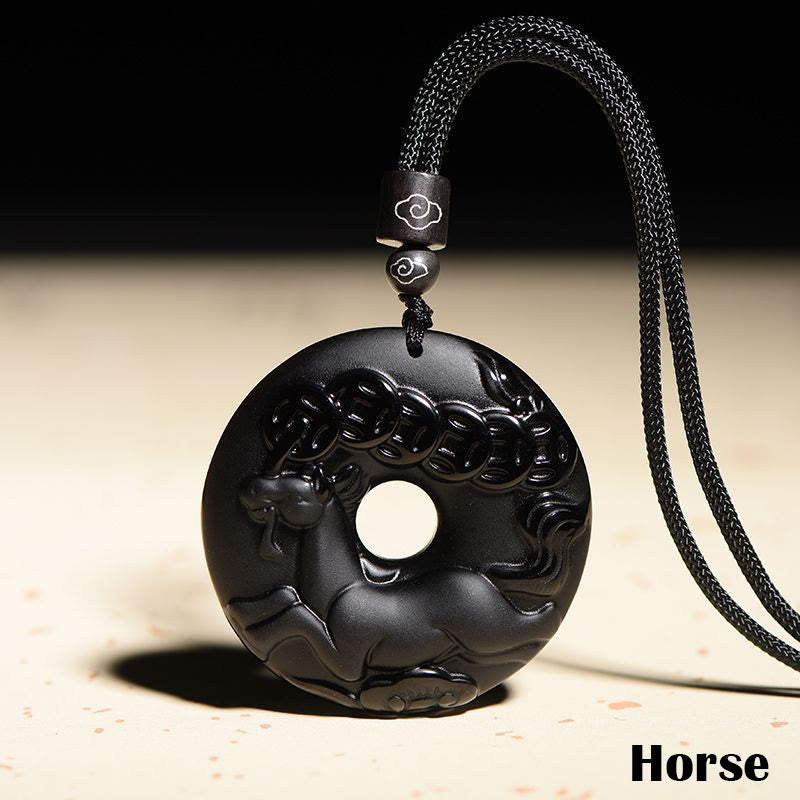 KarmaRipple's Chinese Zodiac Authentic Black Obsidian Peace Buckle Strength Pendant Necklace p35