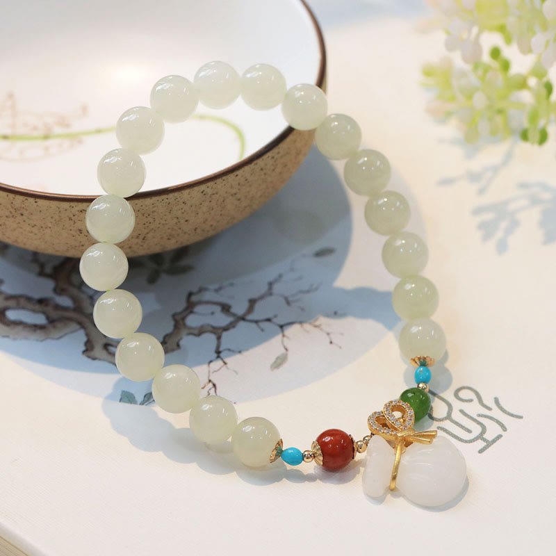 KarmaRipple's Authentic Hetian Ivory Jade 14K Gold Plated Money Bag Blessing Bracelet p2