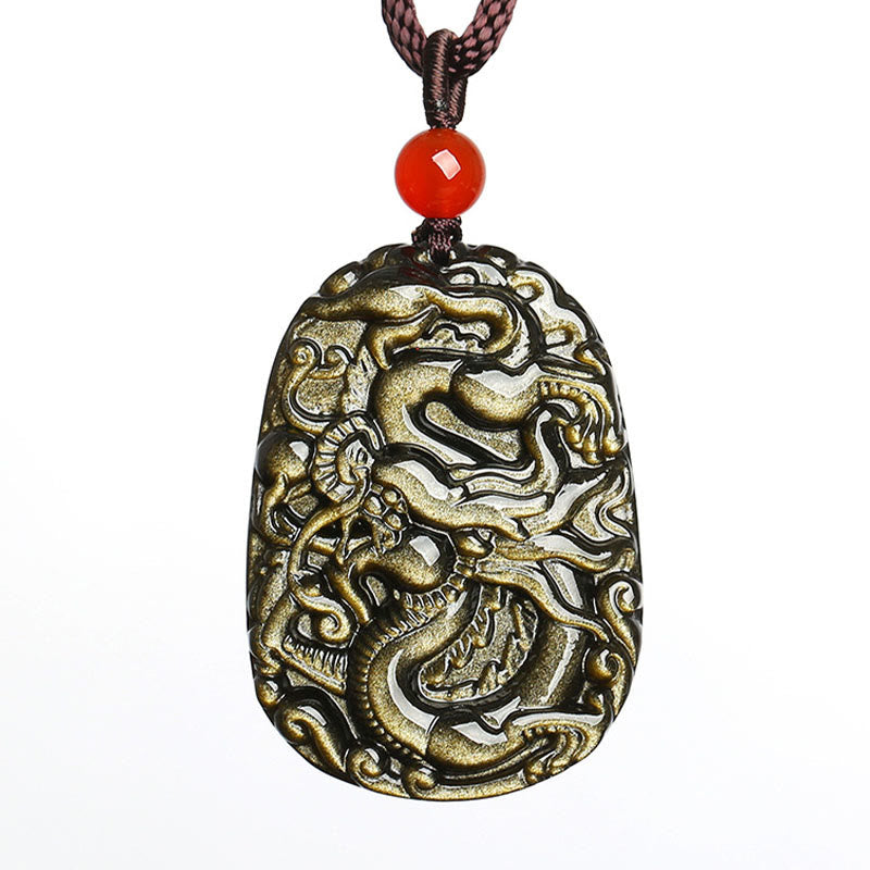 KarmaRipple's Gold Sheen Obsidian Dragon Pattern Success Pendant Necklace p6