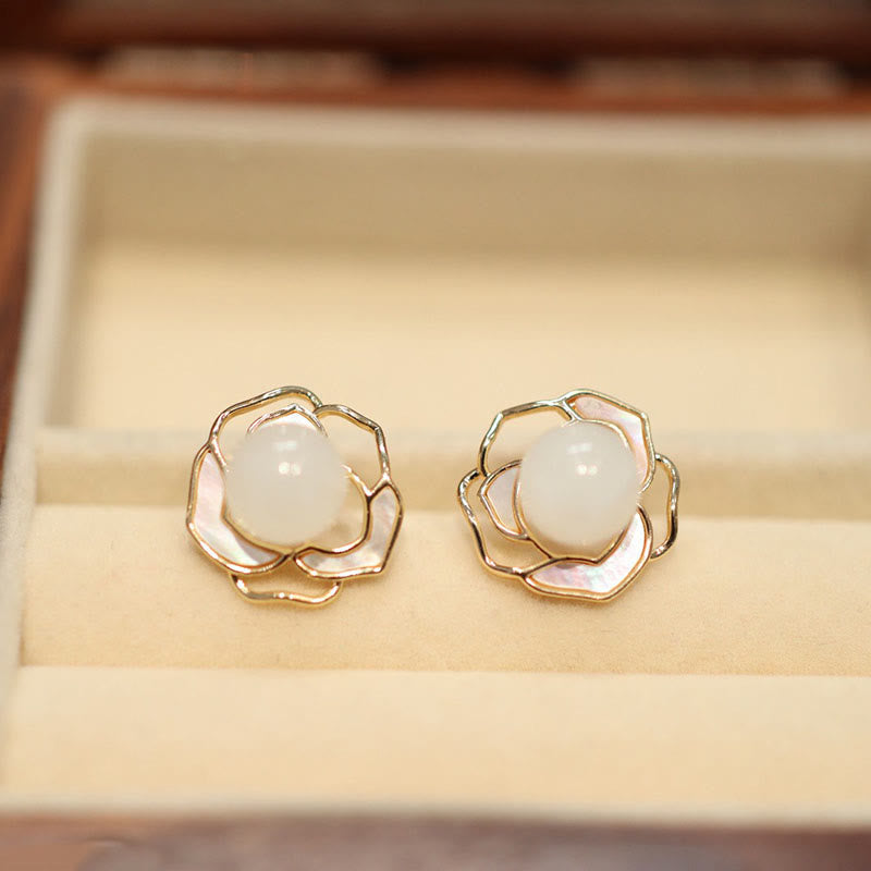 KarmaRipple's 925 Sterling Silver Plated Gold Posts Hetian Ivory Jade Tridacna Stone Camellia Flower Fortune Pendant Necklace Ring Earrings p13