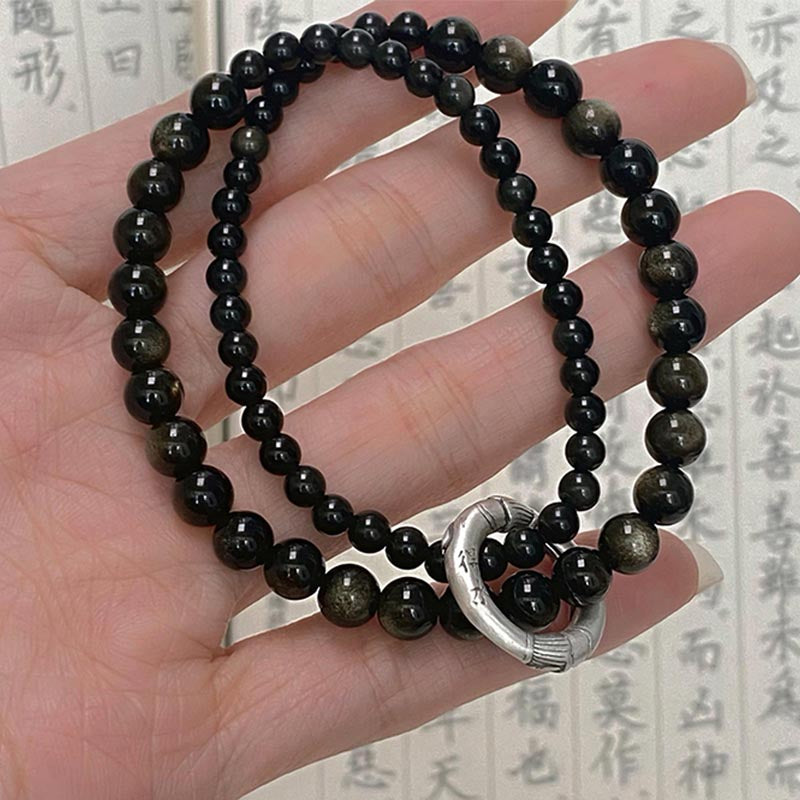 KarmaRipple's 999 Sterling Silver Black Obsidian Fulfillment Strength Double Layer Bracelet p3