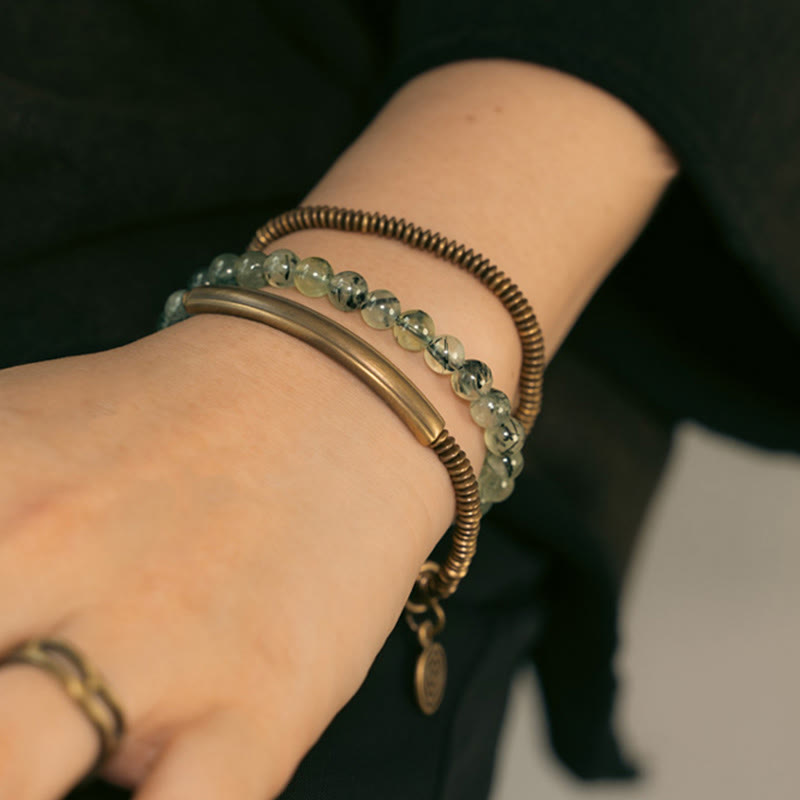 KarmaRipple's Purple Phantom Red Hematoid Quartz Green Rutilated Quartz Bronze Love Forgive Bracelet p23