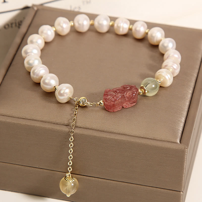 KarmaRipple's Authentic Pearl Strawberry Quartz PiXiu Optimism Talisman Bracelet p1
