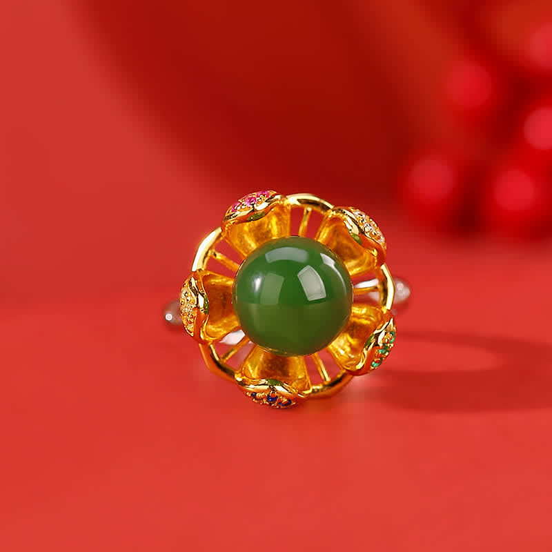 KarmaRipple's 925 Sterling Silver Ivory Jade Cyan Jade Lotus Flower Success Ring p10