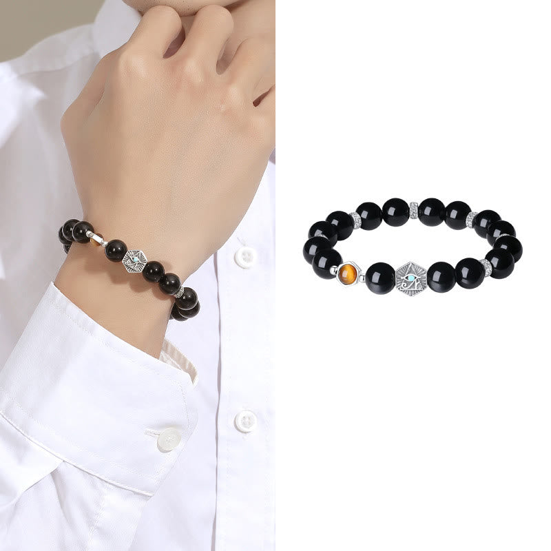 KarmaRipple's 925 Sterling Silver Black Obsidian Tiger Eye Eye of Providence Purification Bracelet p10