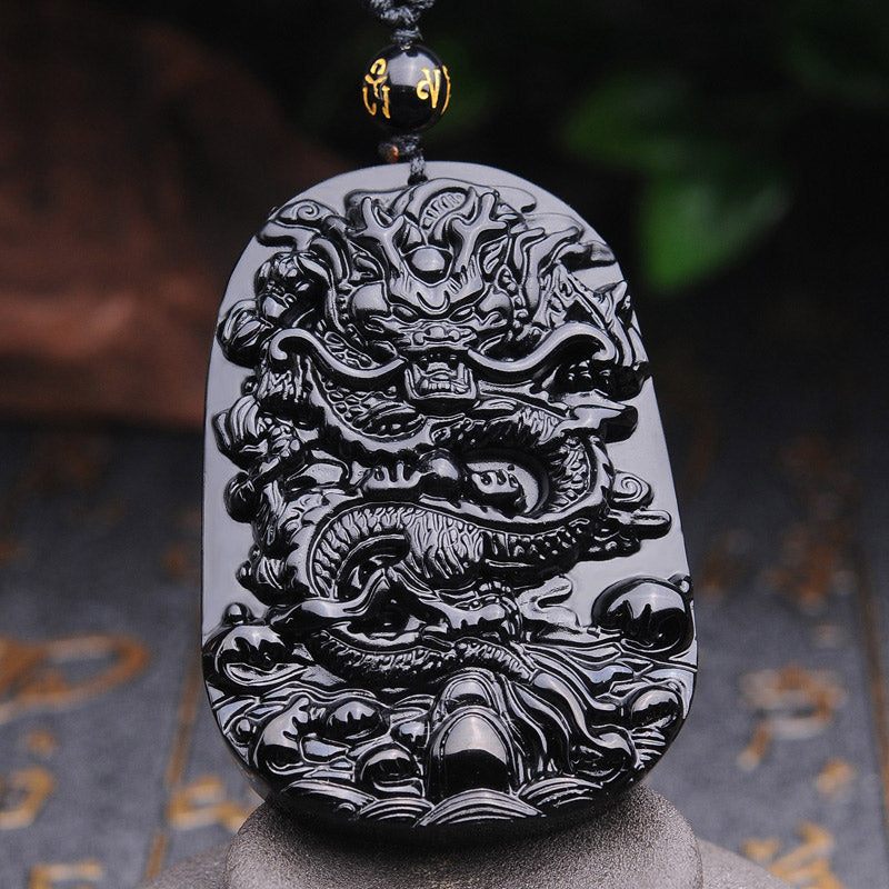KarmaRipple's Black Obsidian Stone Dragon Fulfilment Necklace Pendant p2