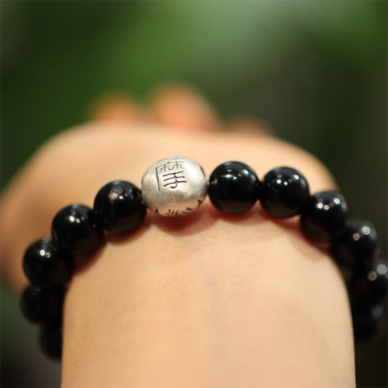 KarmaRipple's 925 Sterling Silver Black Onyx Bead Character Engraved Protection Bracelet p3
