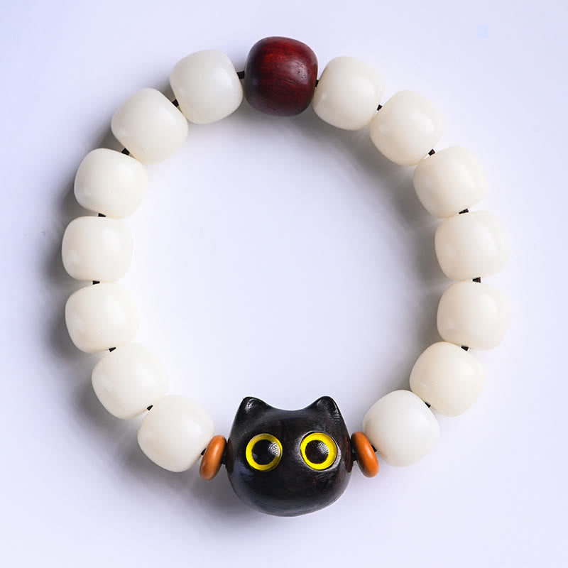 KarmaRipple's Authentic Bodhi Seed Small Leaf Red Sandalwood Ebony Wood Cute Fortunate Cat Wisdom Bracelet p22