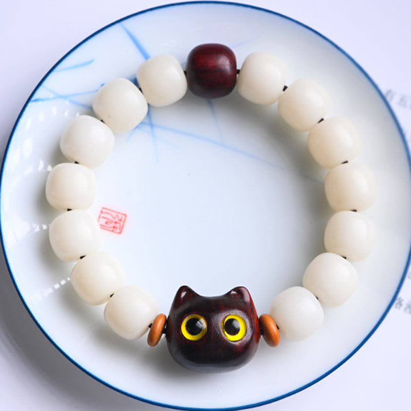 KarmaRipple's Authentic Bodhi Seed Small Leaf Red Sandalwood Ebony Wood Cute Fortunate Cat Wisdom Bracelet p3