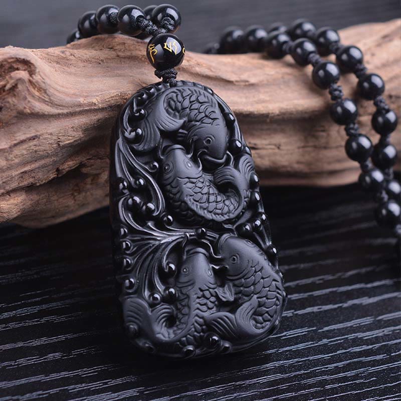 KarmaRipple's Black Obsidian Koi Fish Engraved Strength Beaded Pendant Necklace p11