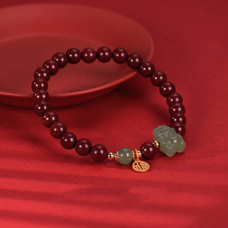 KarmaRipple's 925 Sterling Silver Year of the Dragon Authentic Cinnabar Hetian Jade Dragon Fu Character Ruyi As one'shes Talisman Blessing Bracelet ( p12