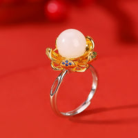 KarmaRipple's 925 Sterling Silver Ivory Jade Cyan Jade Lotus Flower Success Ring