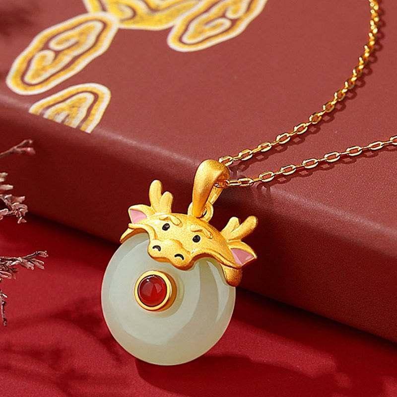 KarmaRipple's 925 Sterling Silver Hetian Jade Chinese Zodiac Year of the Dragon Red Agate Fortune Protection Pendant Necklace ( p16