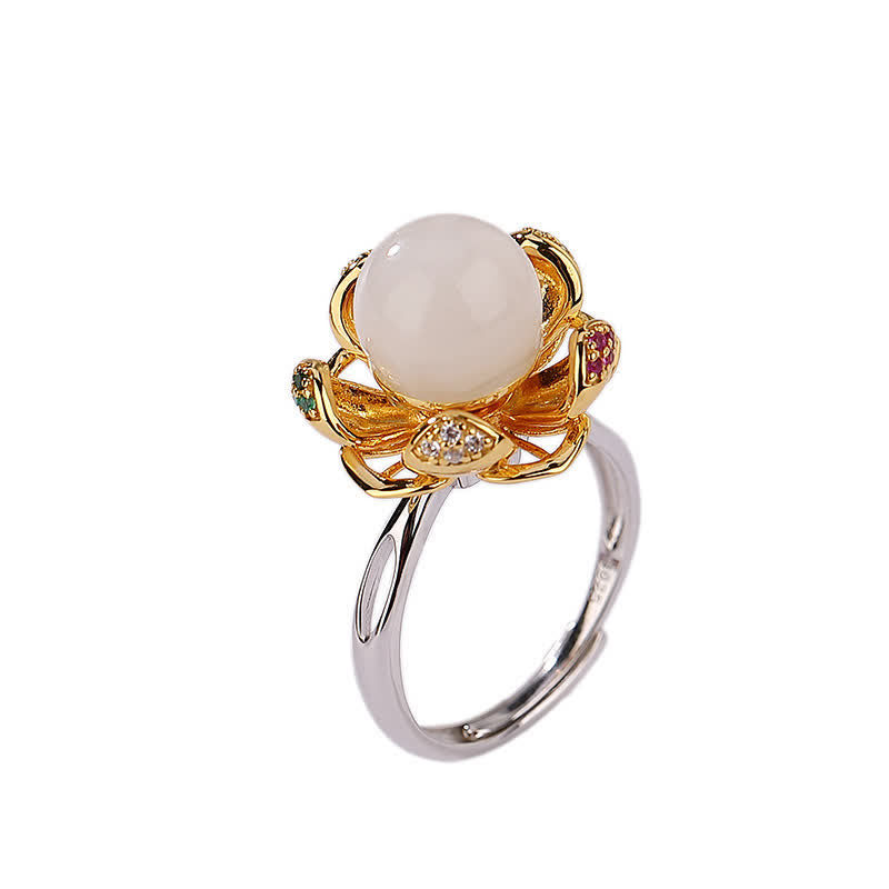 KarmaRipple's 925 Sterling Silver Ivory Jade Cyan Jade Lotus Flower Success Ring p8
