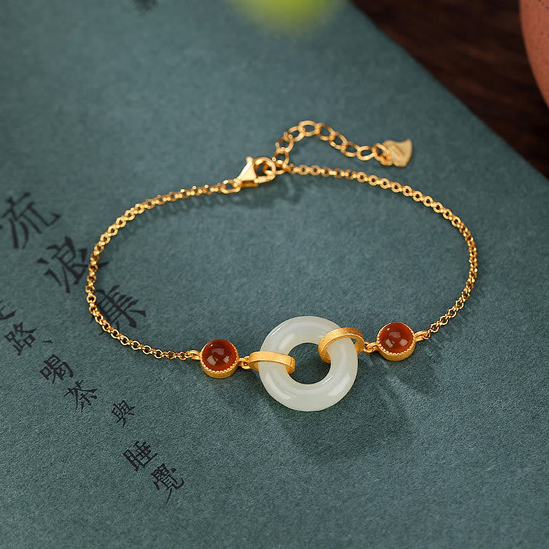 KarmaRipple's 925 Sterling Silver Plated Gold Authentic Hetian Jade Peace Buckle Red Agate Fortune Bracelet p12