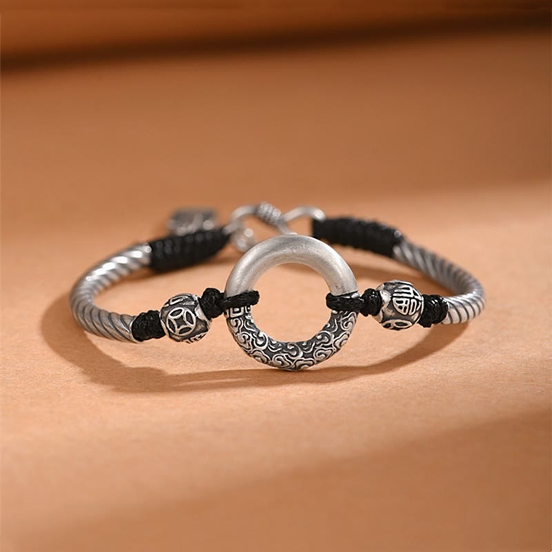 KarmaRipple's 999 Sterling Silver Fu Character Peace Buckle Bronze Coin Auspicious Clouds Fortune Bracelet p23