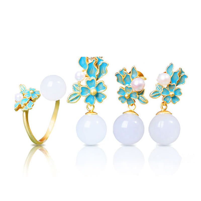 KarmaRipple's Ivory Jade 925 Sterling Silver Pearl Flower Blessing Pendant Necklace Ring Earrings p23