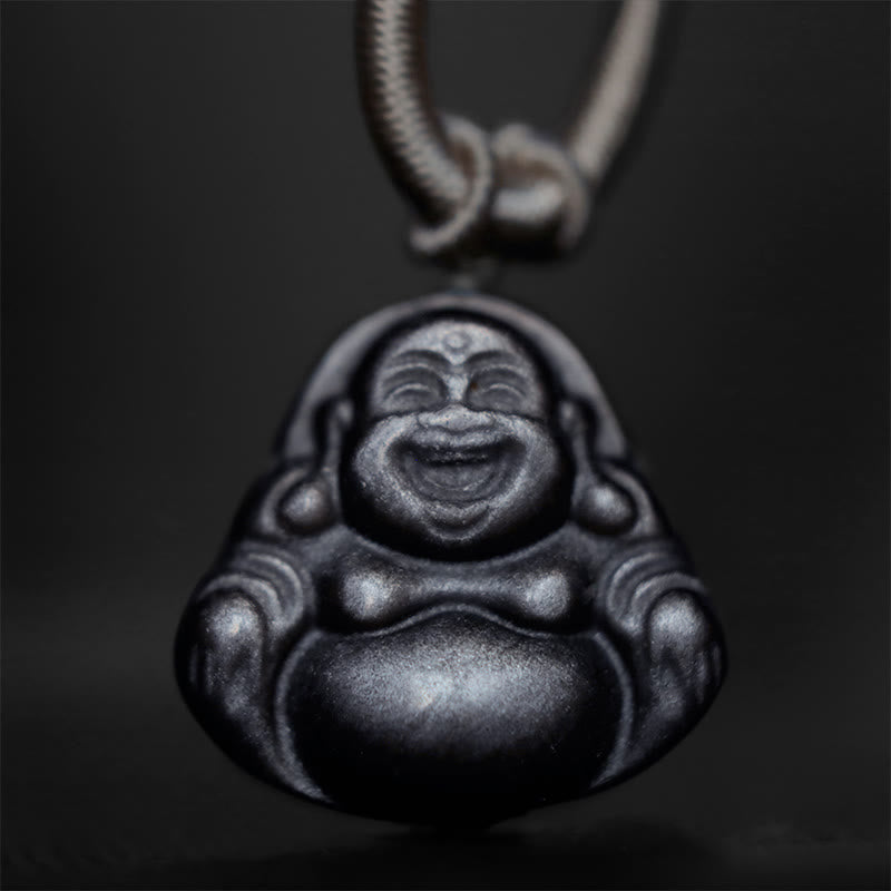 KarmaRipple's Authentic Silver Sheen Obsidian Laughing Buddha Protection Pendant Necklace p6