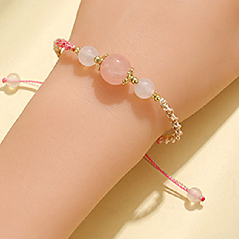KarmaRipple's Strawberry Quartz Pink Gemstone Prehnite Ivory Agate Bead Balancing Rope Bracelet p11