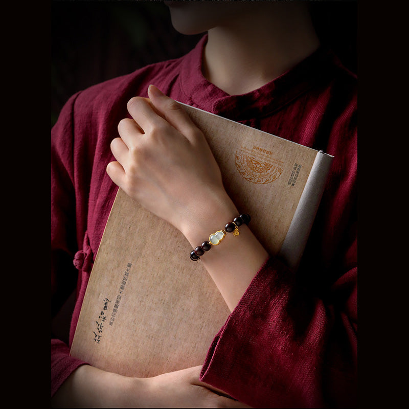 KarmaRipple's Small Leaf Red Sandalwood Gourd Jade Calm Relaxation Bracelet p12