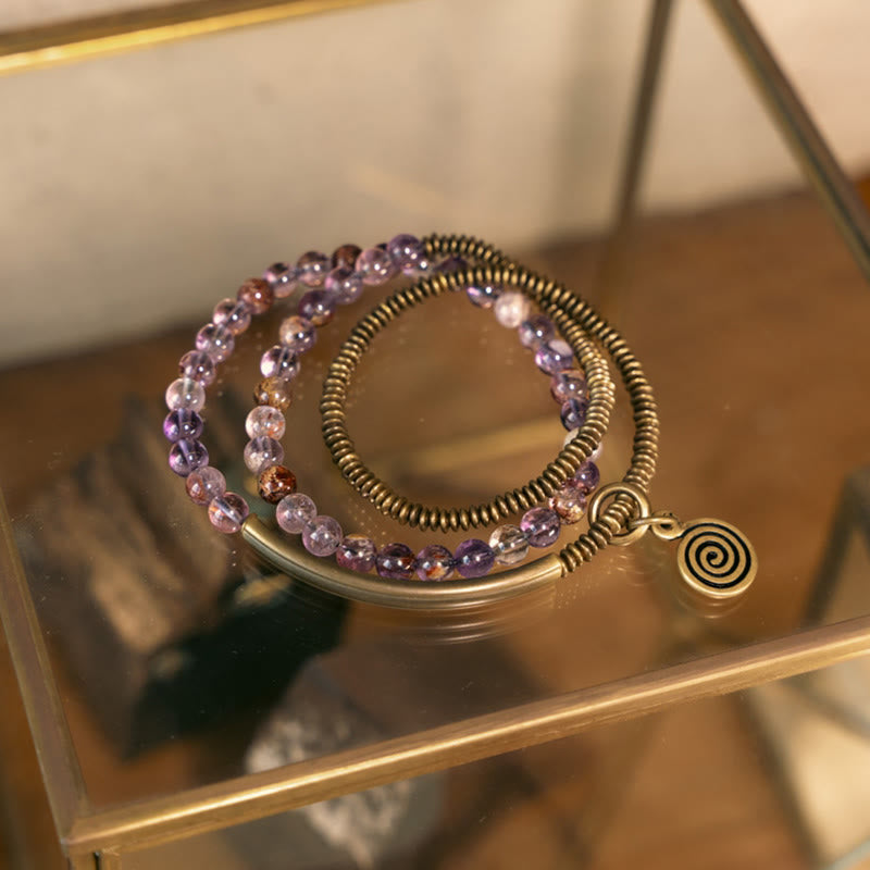 KarmaRipple's Purple Phantom Red Hematoid Quartz Green Rutilated Quartz Bronze Love Forgive Bracelet p5