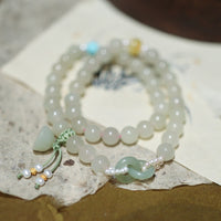 KarmaRipple's 925 Sterling Silver Hetian Jade Double Peace Buckle Lotus Fortune Double Wrap Bracelet