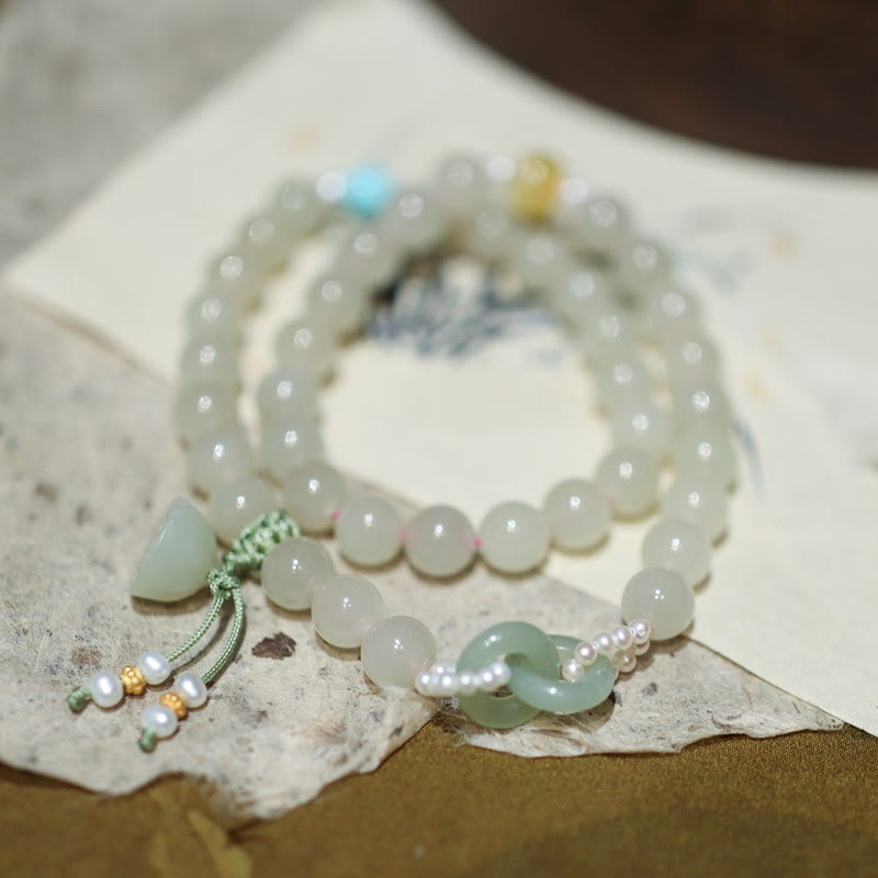 KarmaRipple's 925 Sterling Silver Hetian Jade Double Peace Buckle Lotus Fortune Double Wrap Bracelet p13