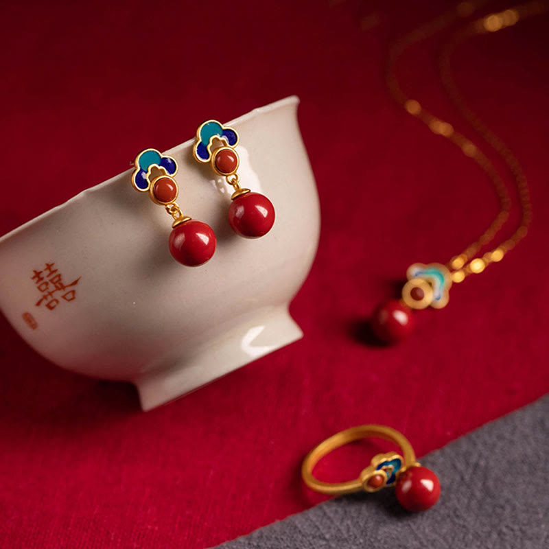 KarmaRipple's 925 Sterling Silver Plated Gold Cinnabar Red Agate Blessing Pendant Necklace Earrings Ring Set p5