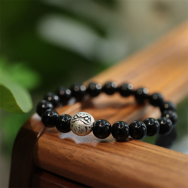 KarmaRipple's 925 Sterling Silver Black Onyx Bead Character Engraved Protection Bracelet p1