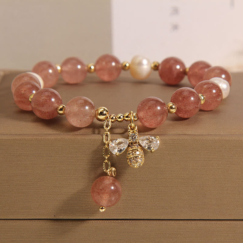 KarmaRipple's Strawberry Quartz Pearl Cute Zircon Honeybee Positive Talisman Bracelet p11