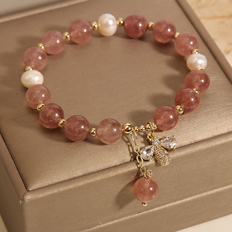 KarmaRipple's Strawberry Quartz Pearl Cute Zircon Honeybee Positive Talisman Bracelet p7