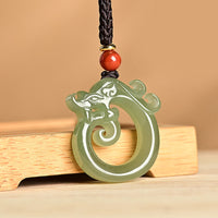 KarmaRipple's Ivory Jade Cyan Jade Dragon Protection Pendant String Necklace