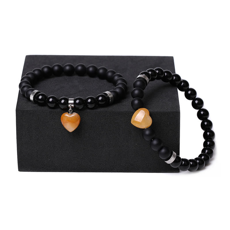 KarmaRipple's 2Pcs Black Onyx Gemstone Stone Love Heart Protection Support Pair Bracelet p17